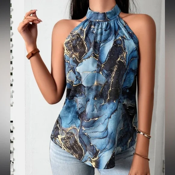 Elegant Classic Marble Water Color Print Halter Top Blouse Shirt Blue - Picture 3 of 12